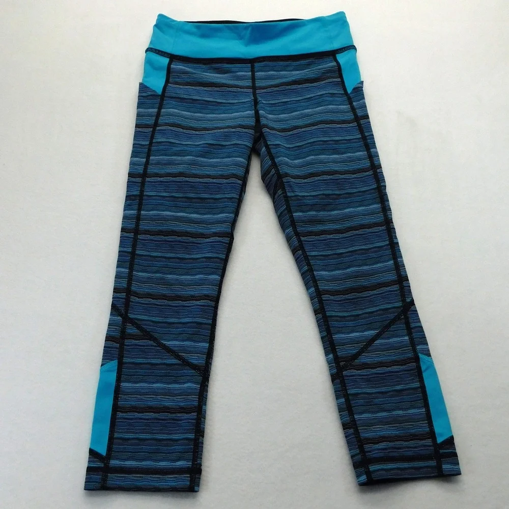 Lululemon Leggings Womens 6 Blue Run Inspire Crop II Stripe Athletic Pockets - Picture 2 of 9
